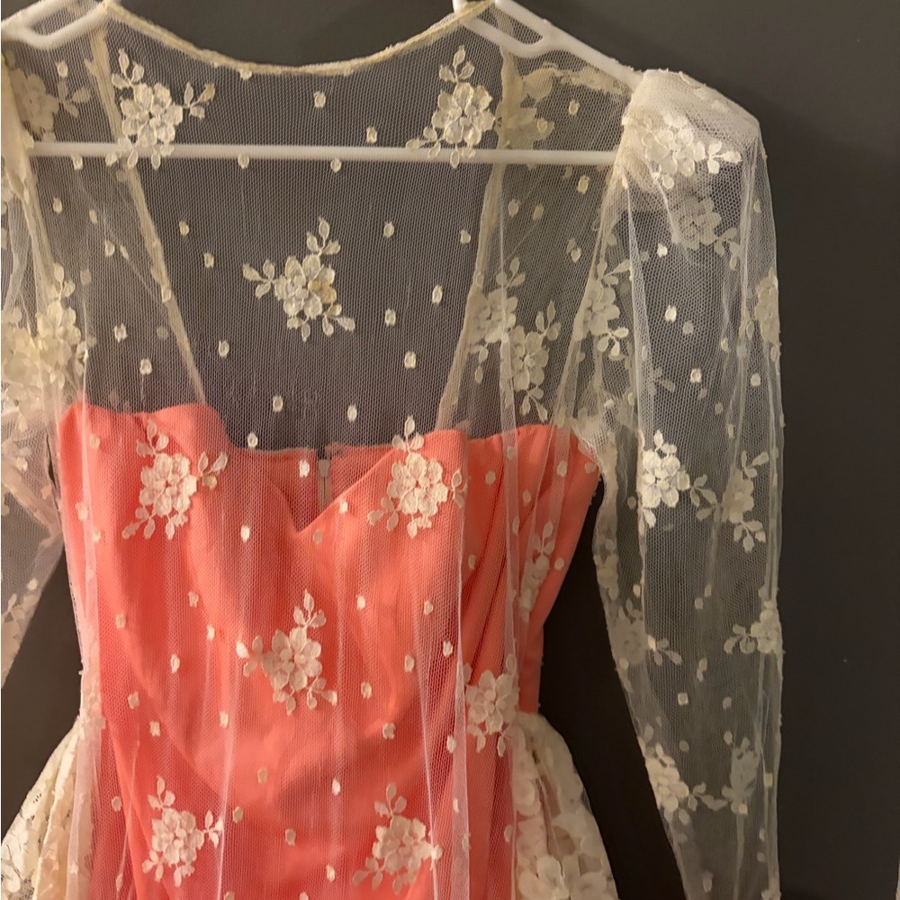 Vtg handmade  Pink and White maxi sweetheart neck Lace ruffle Dress - Picture 3 of 6
